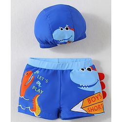 Babyhug Swimming Trunk With Dino Print & Swimming Cap - Blue