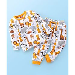 Babyhug Cotton Single Jersey Knit Full Sleeves Night Suit Lion Print - White