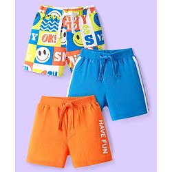 Babyhug Cotton Knit Mid Thigh Length Shorts with Text Print & Tape Detailing Pack of 3 - Orange & Blue