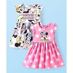 Babyhug Disney Single Jersey Knit Frill Sleeves Frocks With Minnie Mouse Graphics Pack of 2 - White & Pink