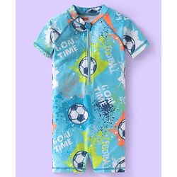 Babyhug Half Raglan Sleeves Water Repellent Legged Swimsuit with Football Print - Light Blue