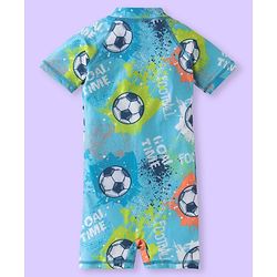 Babyhug Half Raglan Sleeves Water Repellent Legged Swimsuit with Football Print - Light Blue