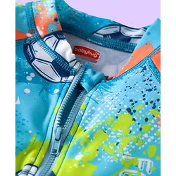 Babyhug Half Raglan Sleeves Water Repellent Legged Swimsuit with Football Print - Light Blue
