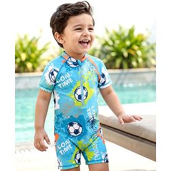Babyhug Half Raglan Sleeves Water Repellent Legged Swimsuit with Football Print - Light Blue