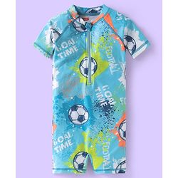 Babyhug Half Raglan Sleeves Water Repellent Legged Swimsuit with Football Print - Light Blue