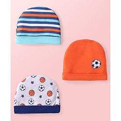 Babyhug 100% Cotton Knit Caps with Ball Print & Stripes Pack of 3 - Orange & White