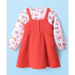 Babyhug Cotton Knit Full Sleeves Floral Printed Top with Pinafore - Floral