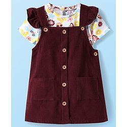 Babyhug Cotton Woven Half Sleeves Floral Print Inner Tee with Frock - Maroon & White