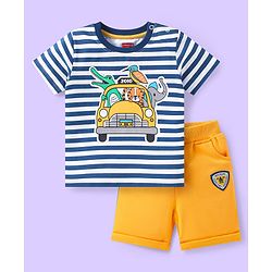 Babyhug Single Jersey Knit Half Sleeves Striped T-Shirt & Shorts Set with Safari Theme Print - Yellow & Blue