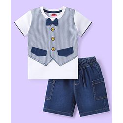 Babyhug Cotton Knit Half Sleeves Striped T-Shirt & Denim Shorts Set With Bow Applique - White & Blue