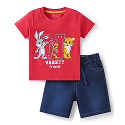 Babyhug Single Jersey Knit Half Sleeves Animal Printed T-Shirt & Shorts Set - Red & Blue