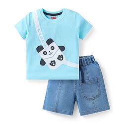 Babyhug Single Jersey Knit Half Sleeves T-Shirt & Denim Shorts Set with Panda Print - Light Blue