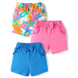 Babyhug Cotton Knit Mid Thigh Lenght Shorts with Floral Print & Bow Applique Pack of 3 - Blue White & Dark Pink