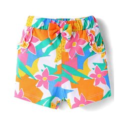 Babyhug Cotton Knit Mid Thigh Lenght Shorts with Floral Print & Bow Applique Pack of 3 - Blue White & Dark Pink