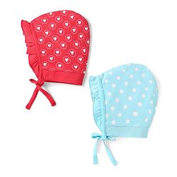 Babyhug Interlock Knit Bonnet Bonnet Caps With Heart & Polka Dot Print Pack of 2 - Red & Light Blue