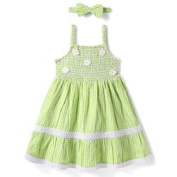 Babyhug Cotton Knit Sleeveless Checkered Frock with Headband Floral Embroidery & Smocking - Light Green