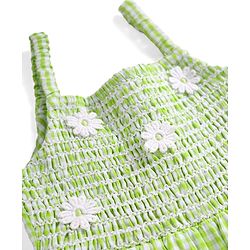 Babyhug Cotton Knit Sleeveless Checkered Frock with Headband Floral Embroidery & Smocking - Light Green