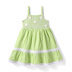 Babyhug Cotton Knit Sleeveless Checkered Frock with Headband Floral Embroidery & Smocking - Light Green
