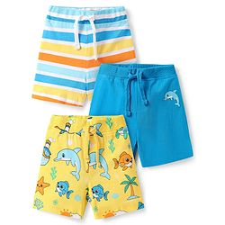 Babyhug Cotton Knit Mid Thigh Length Shorts with Sea Life Print & Stripes Pack of 3 - Blue & Yellow