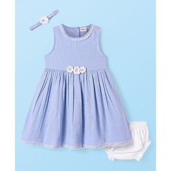 Babyhug Cotton Woven Sleeveless Frock With Floral Applique Bloomer & Headband - Blue