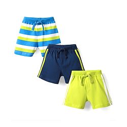 Babyhug Cotton Knit Mid Thigh Length Striped Shorts with Tape Detailing Pack of 3 - Light Green Navy & Light Blue