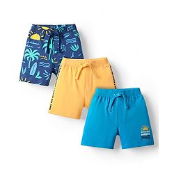 Babyhug Single Jersey Knit Mid Thigh Shorts With Tropical Theme Print Pack Of 3 - Navy Blue Yellow & Light Blue