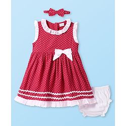 Babyhug Cotton Knit Sleeveless Frock Bloomer & Head Band with Lace Detailing - Red