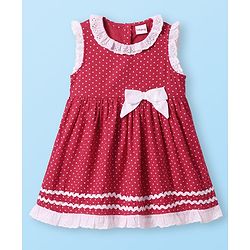 Babyhug Cotton Knit Sleeveless Frock Bloomer & Head Band with Lace Detailing - Red