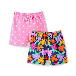 Babyhug Single Jersey Knit Mid Thigh Shorts With Polka Dot & Floral Print & Bow Applique Pack of 2 - Pink & Navy Blue