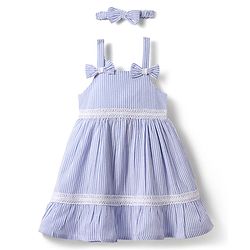 Babyhug Cotton Woven Sleeveless Frock & Headband With Stripes & Lace Detailing - Light Blue & White