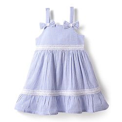 Babyhug Cotton Woven Sleeveless Frock & Headband With Stripes & Lace Detailing - Light Blue & White