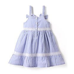 Babyhug Cotton Woven Sleeveless Frock & Headband With Stripes & Lace Detailing - Light Blue & White