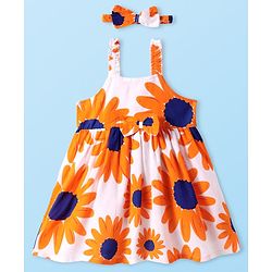Babyhug Cotton Woven Sleeveless Frock With Sunflower Print & Headband - White