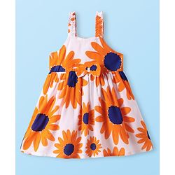 Babyhug Cotton Woven Sleeveless Frock With Sunflower Print & Headband - White