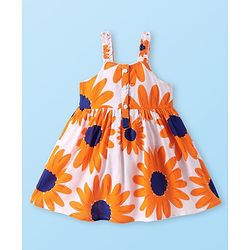 Babyhug Cotton Woven Sleeveless Frock With Sunflower Print & Headband - White