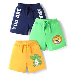 Babyhug Cotton Knit Mid Thigh Shorts with Animal Print Pack of 3 - Yellow Navy Blue & Light Green