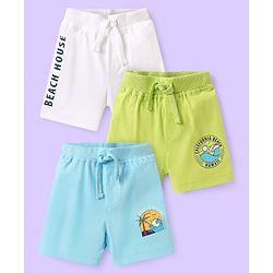 Babyhug Cotton Knit Mid Thigh Length Shorts with Beach Theme Print Pack of 3 - White Light Blue & Green