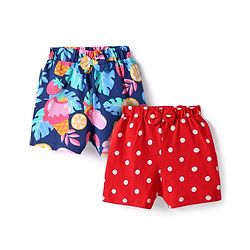 Babyhug Cotton Single Jersey Knit Mid Thigh Shorts With Leafy & Polka Dot Print Pack of 2 - Red & Navy