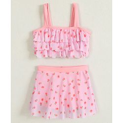 Babyhug Sleeveless Two Piece Swimsuit With Floral Print - Pink