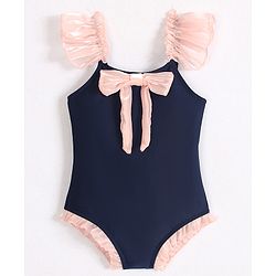 Babyhug Frill Sleeves V Cut Swimsuit With Bow Applique - Navy Blue