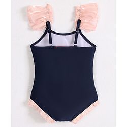 Babyhug Frill Sleeves V Cut Swimsuit With Bow Applique - Navy Blue