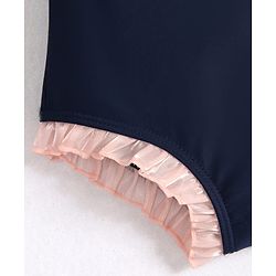 Babyhug Frill Sleeves V Cut Swimsuit With Bow Applique - Navy Blue