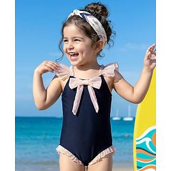 Babyhug Frill Sleeves V Cut Swimsuit With Bow Applique - Navy Blue