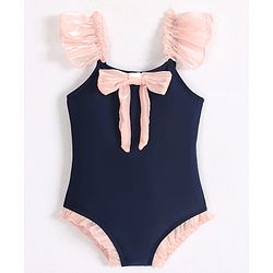 Babyhug Frill Sleeves V Cut Swimsuit With Bow Applique - Navy Blue