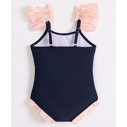 Babyhug Frill Sleeves V Cut Swimsuit With Bow Applique - Navy Blue