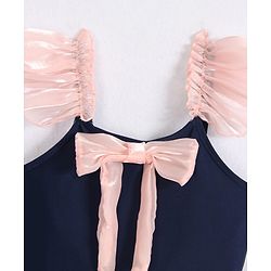 Babyhug Frill Sleeves V Cut Swimsuit With Bow Applique - Navy Blue