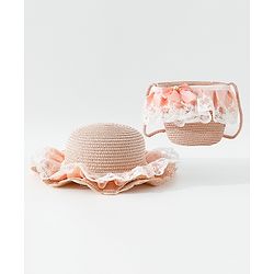 Babyhug Free Size Straw Hat & Sling Bag With Bow Applique - Pink