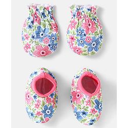 Babyhug 100% Cotton Knit Mittens & Booties With Floral Print - White