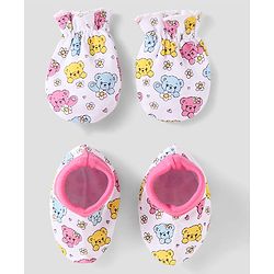 Babyhug 100% Cotton Knit Mittens & Booties with Teddy Print - White & Pink