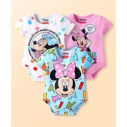 Babyhug Disney Interlock Knit Half Sleeves Onesies with Minnie Mouse Graphics Pack of 3 - Pink Light Blue & White